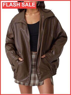 Oversized Faux Leather Jacket Vegan Leather Moto Zip-Up Fall Winter Coat